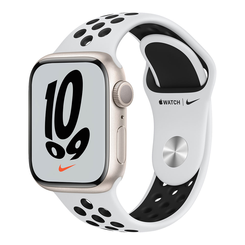 Apple Watch Nike Series 7, 41 мм, корпус цвета сияющая звезда, ремешок цвета чистая платина/чёрный...