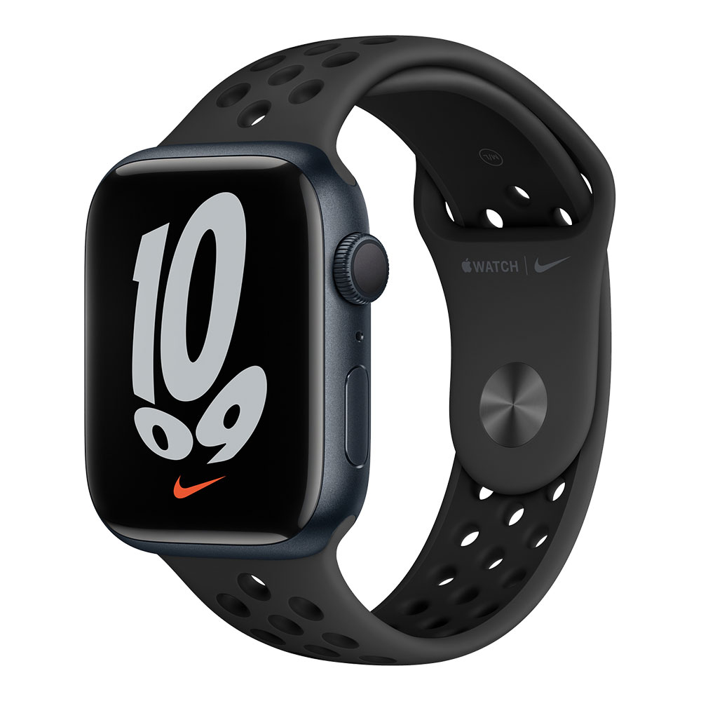 Apple Watch Nike Series 7, 45 мм, корпус цвета тёмная ночь, ремешок цвета антрацитовый/чёрный