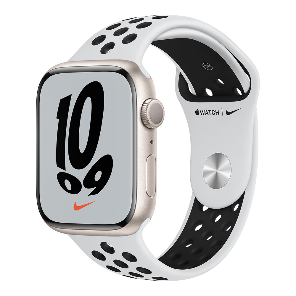 Apple Watch Nike Series 7, 45 мм, корпус цвета сияющая звезда, ремешок цвета чистая платина/чёрный...
