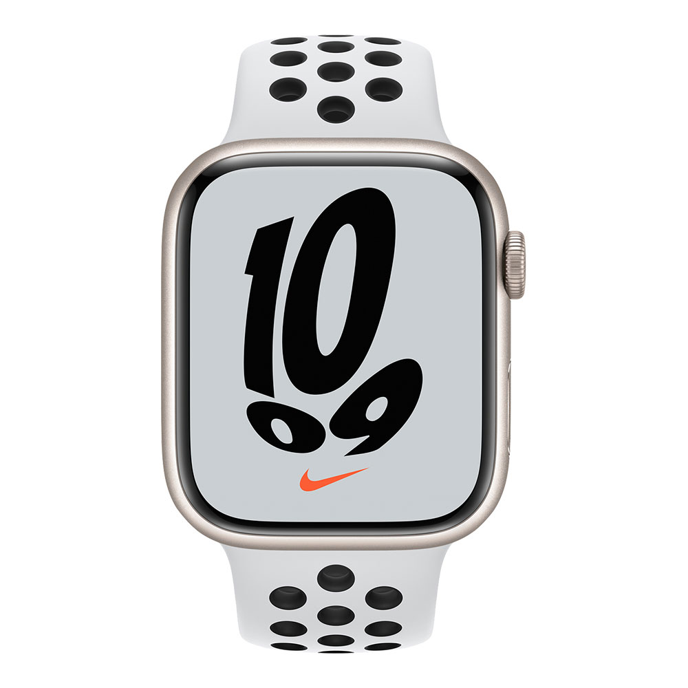 Apple Watch Nike Series 7, 45 мм, корпус цвета сияющая звезда, ремешок цвета чистая платина/чёрный