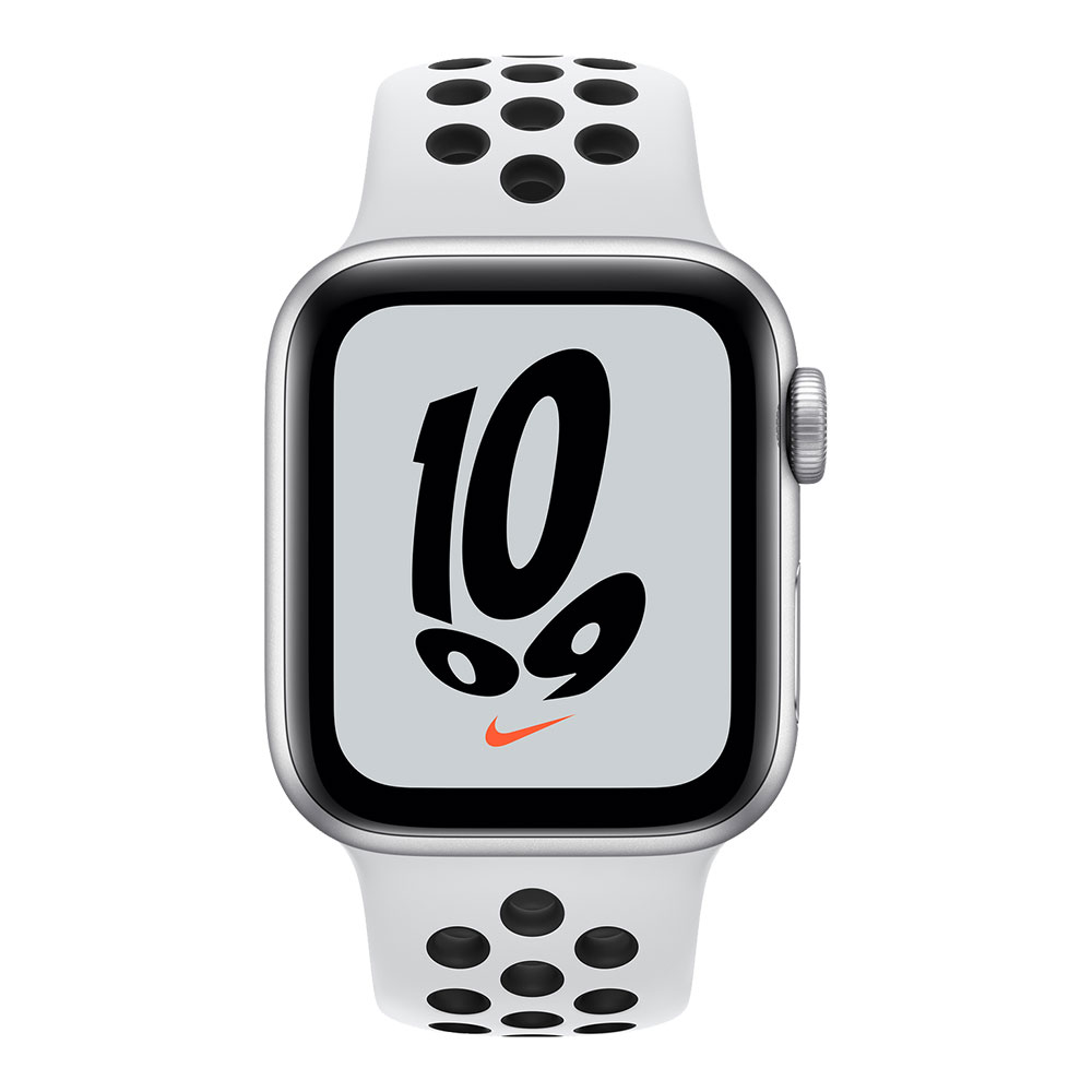 Apple Watch Nike SE, 40 мм, корпус серебристого цвета, ремешок Nike цвета чистая платина/чёрный