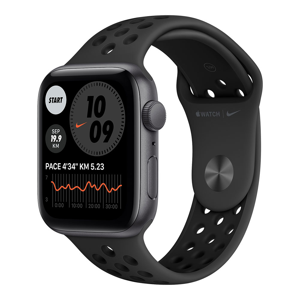Apple Watch Nike SE, 44 мм, корпус цвета серый космос, ремешок Nike цвета антрацитовый/чёрный...
