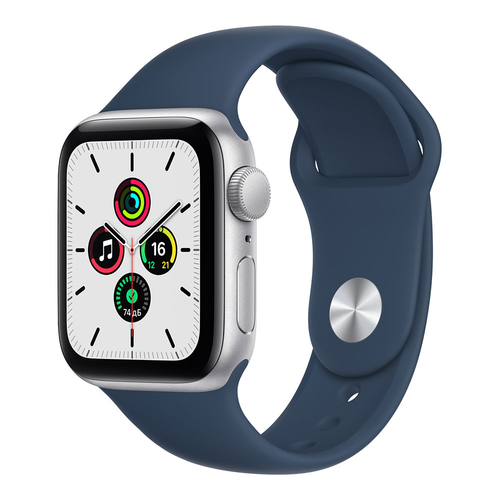 Apple Watch SE, 40 мм, корпус серебристого цвета, ремешок цвета синий омут...