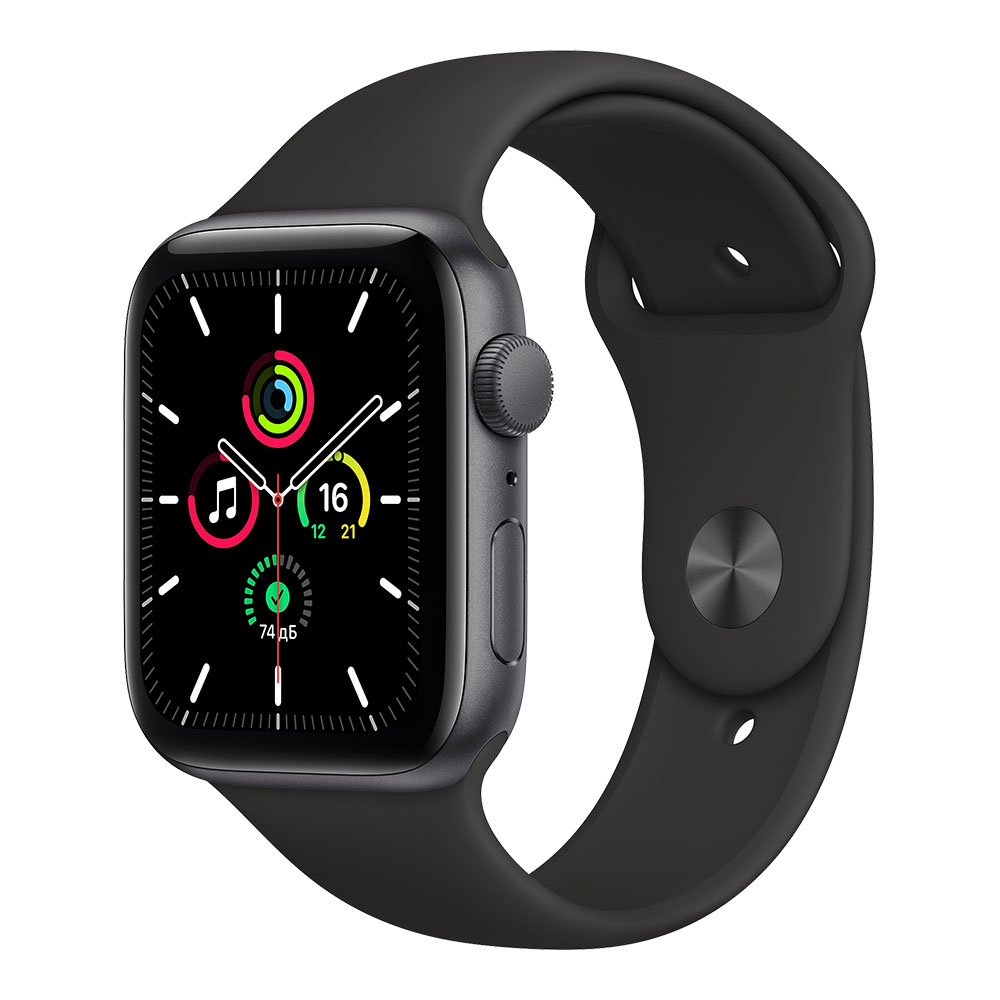 Apple Watch SE, 44 мм, корпус цвета серый космос, ремешок чёрного цвета...