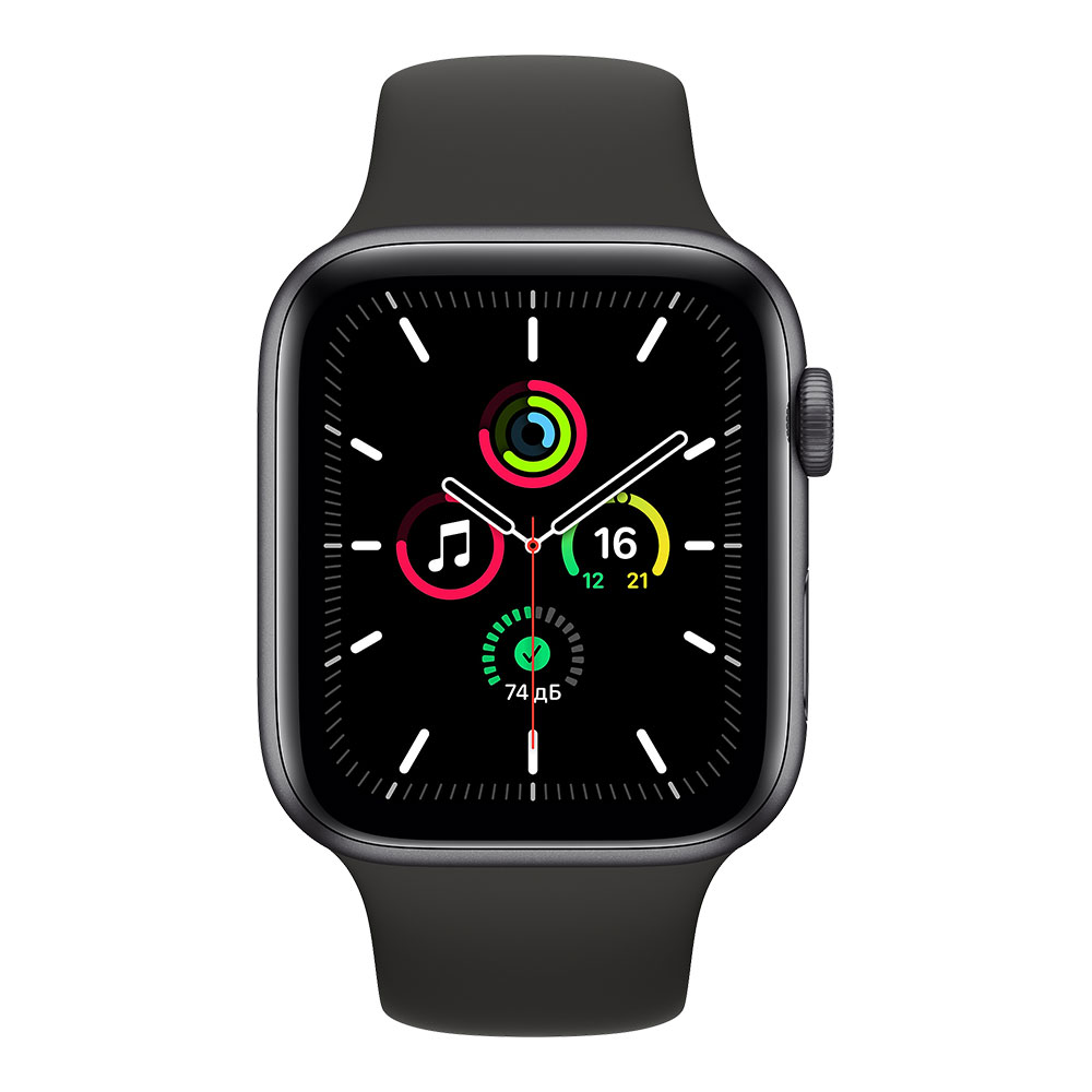 Apple Watch SE, 44 мм, корпус цвета серый космос, ремешок чёрного цвета