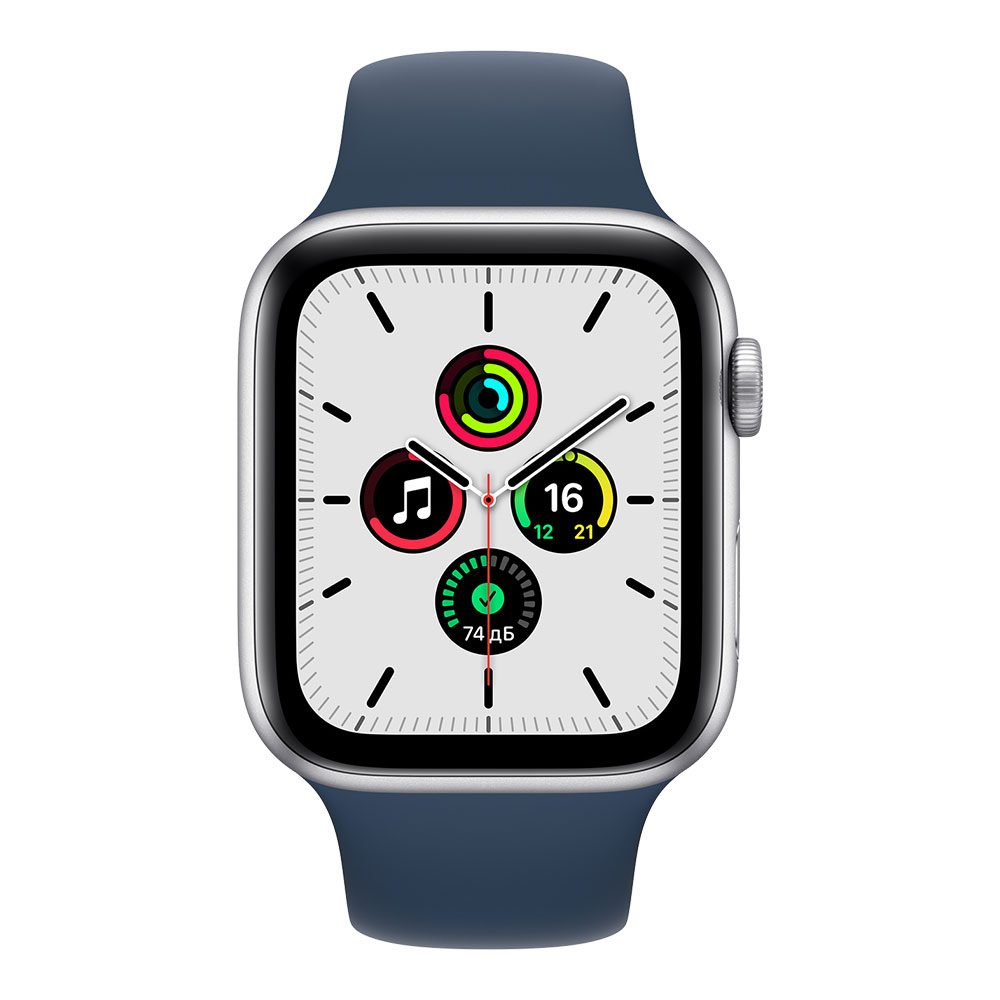 Apple Watch SE, 44 мм, корпус серебристого цвета, ремешок цвета синий омут